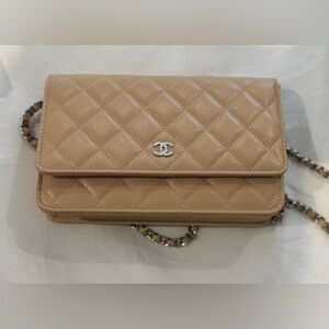 Chanel Wallet on Chain WOC Beige & Silver. Quilted Caviar Leather Bag. Pristine!